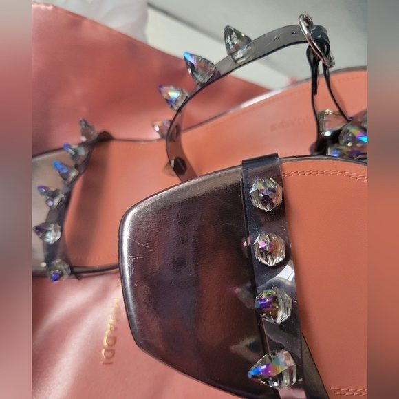 Amina Muaddi Julia Glass Crystal-Spike Clear Sandals Size 9B Dark Grey - Picture 13 of 13